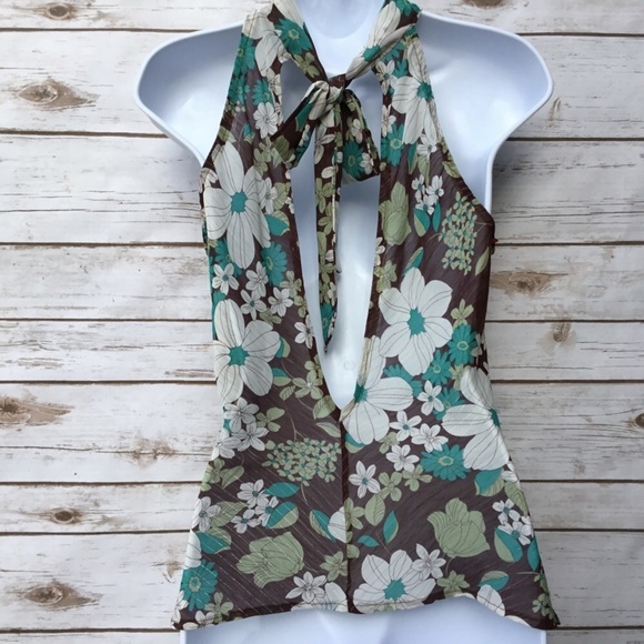 Floral Print Sheer Sexy Plunging Back Halter Top - Picture 4 of 5